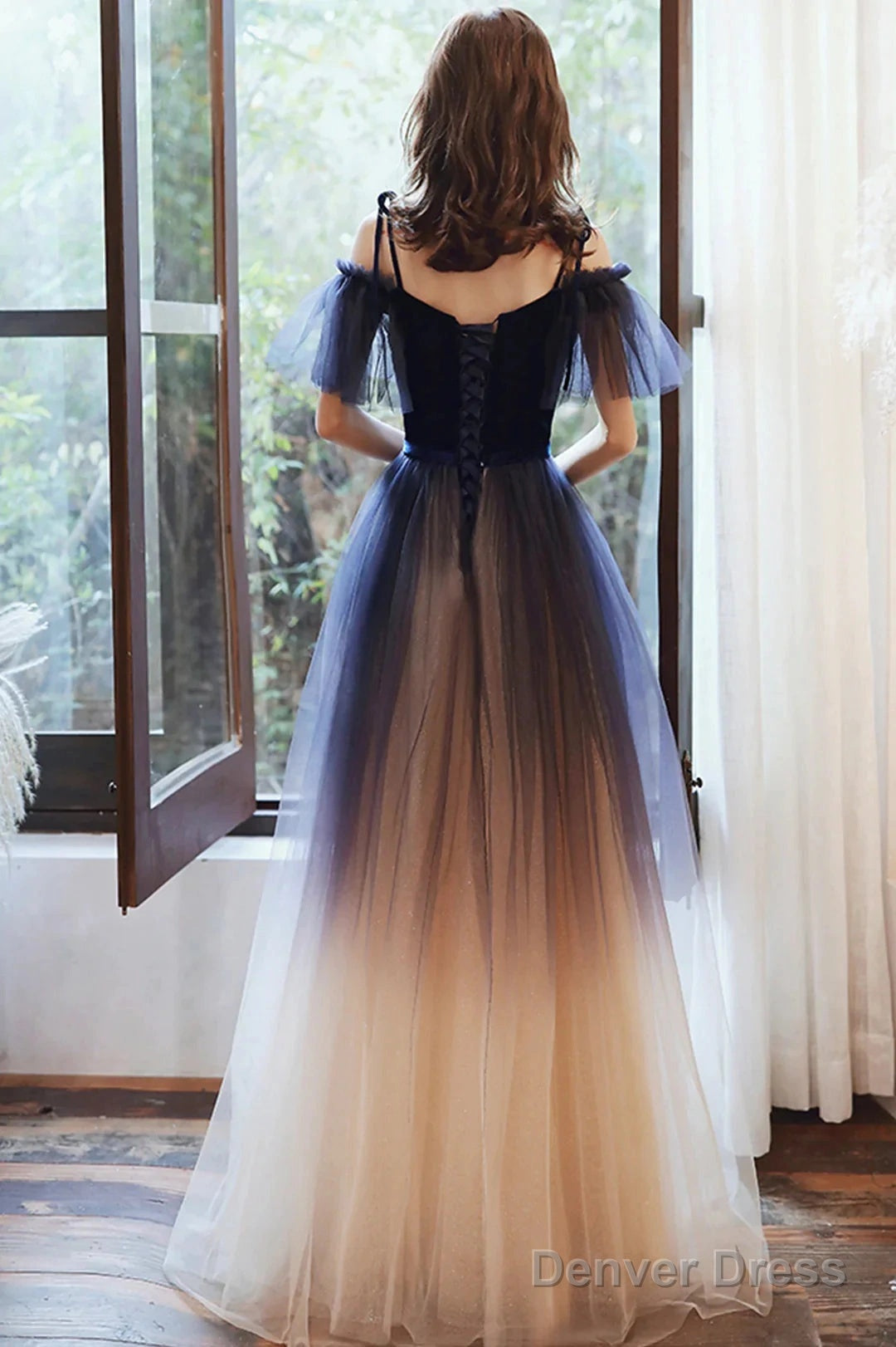 Beautiful Gradient Tulle Long Prom Dress, Blue Velvet And Lace Prom Graduation Dresses