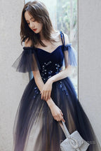 Beautiful Gradient Tulle Long Prom Dress, Blue Velvet And Lace Prom Graduation Dresses