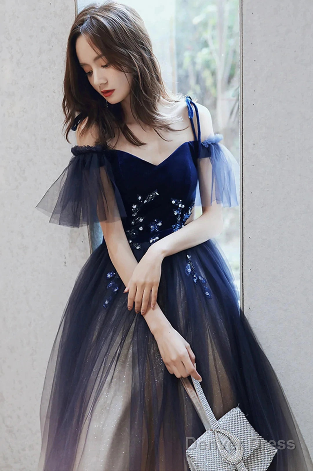 Beautiful Gradient Tulle Long Prom Dress, Blue Velvet And Lace Prom Graduation Dresses