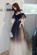 Beautiful Gradient Tulle Long Prom Dress, Blue Velvet And Lace Prom Graduation Dresses