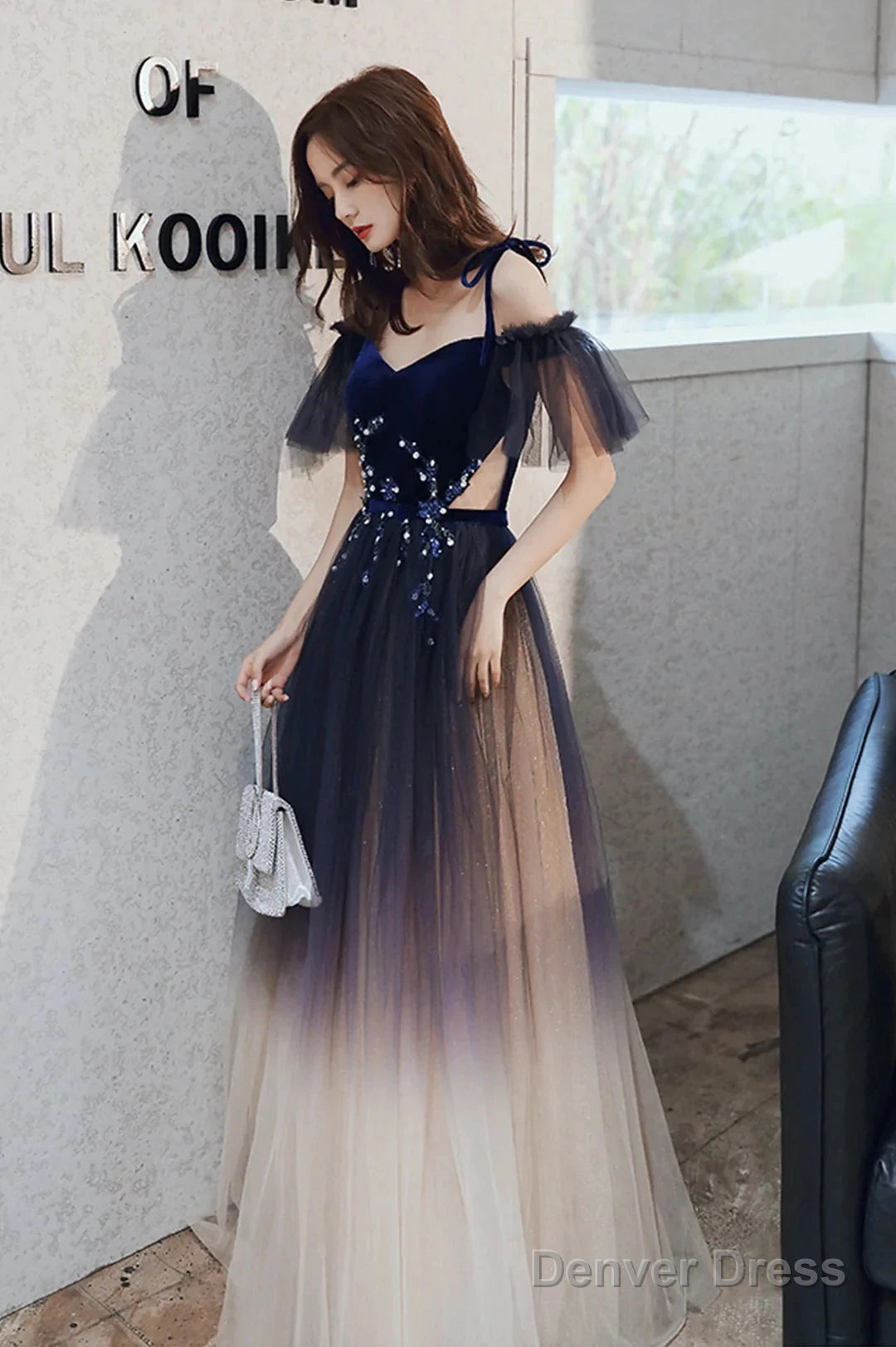 Beautiful Gradient Tulle Long Prom Dress, Blue Velvet And Lace Prom Graduation Dresses