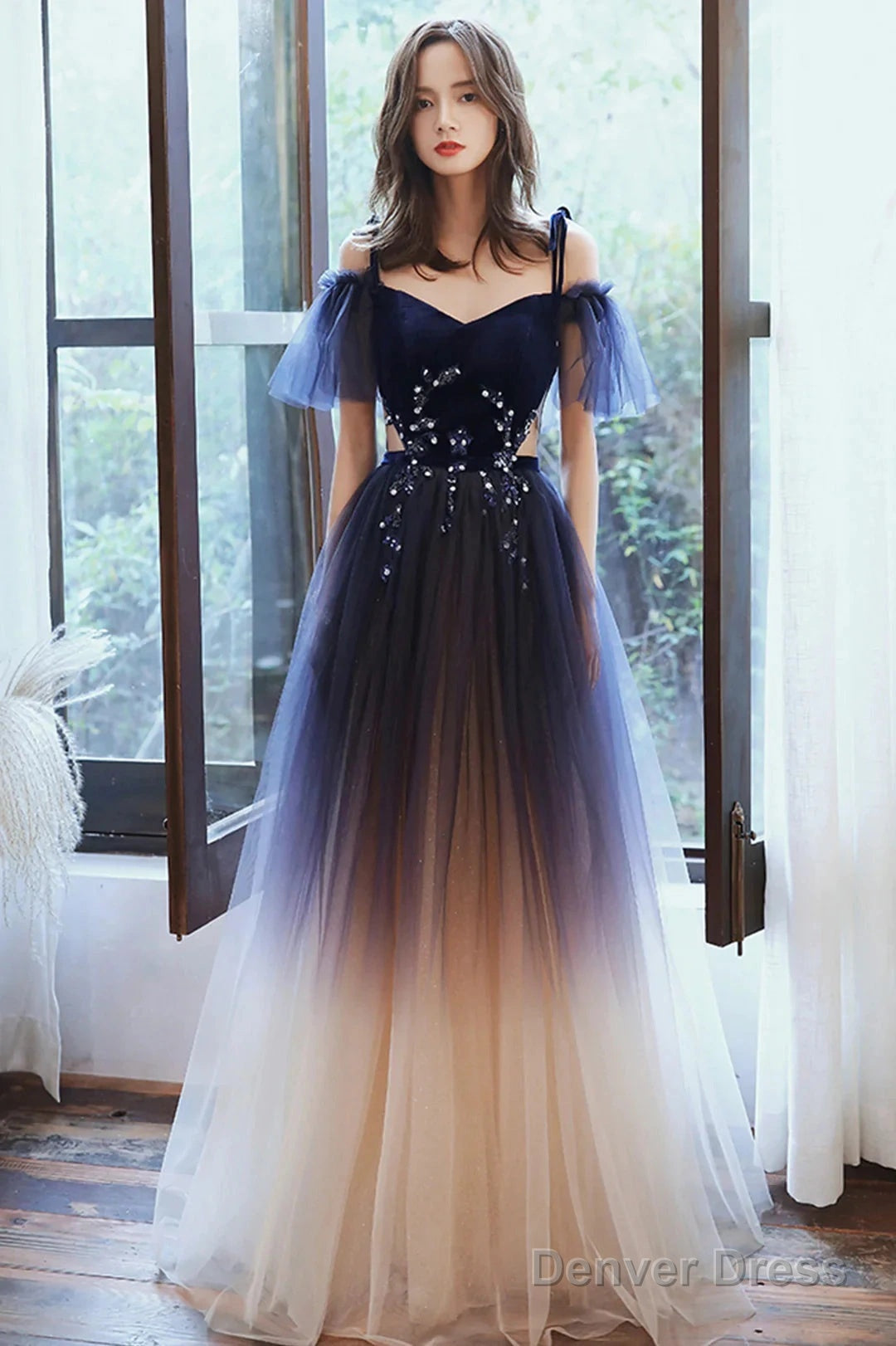 Beautiful Gradient Tulle Long Prom Dress, Blue Velvet And Lace Prom Graduation Dresses