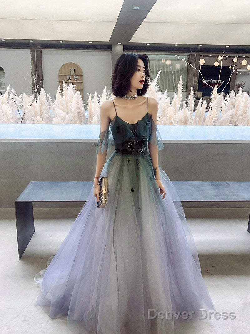 Beautiful Gradient Tulle Straps Long Prom Dress Prom Dress, Tulle Prom Dresses