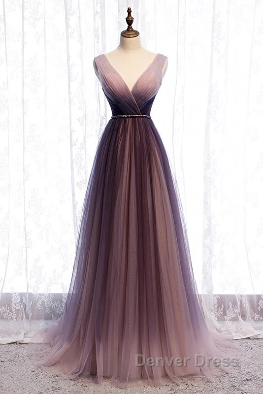 Beautiful Gradient V-Neckline Tulle Long Prom Dresses Party Dresses, Gradient Evening Gown