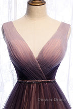 Beautiful Gradient V-Neckline Tulle Long Prom Dresses Party Dresses, Gradient Evening Gown