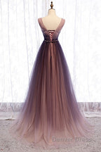 Beautiful Gradient V-Neckline Tulle Long Prom Dresses Party Dresses, Gradient Evening Gown