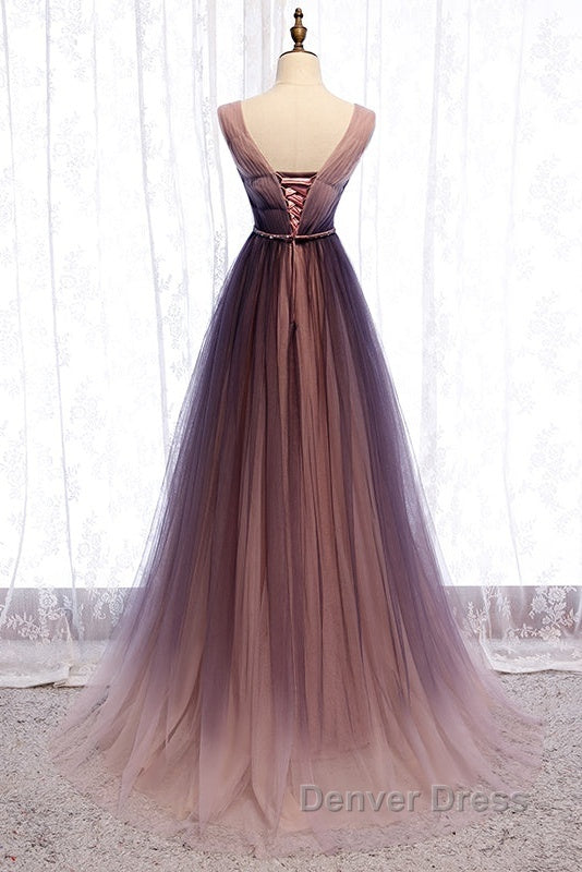 Beautiful Gradient V-Neckline Tulle Long Prom Dresses Party Dresses, Gradient Evening Gown