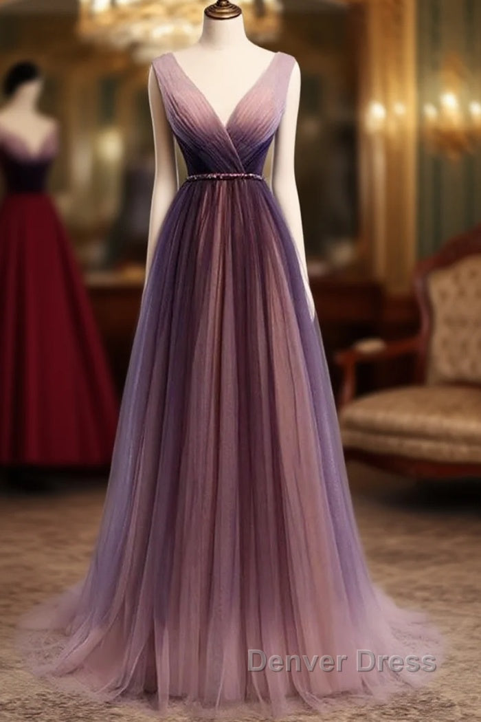 Beautiful Gradient V-Neckline Tulle Long Prom Dresses Party Dresses, Gradient Evening Gown
