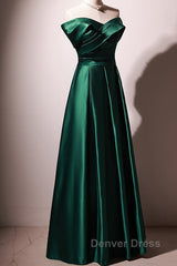 Beautiful Green Satin A-Line Off Shoulder Prom Dresses, Green Evening Dresses Party Dresses