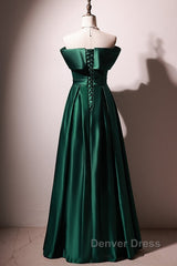 Beautiful Green Satin A-Line Off Shoulder Prom Dresses, Green Evening Dresses Party Dresses