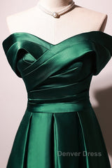 Beautiful Green Satin A-Line Off Shoulder Prom Dresses, Green Evening Dresses Party Dresses