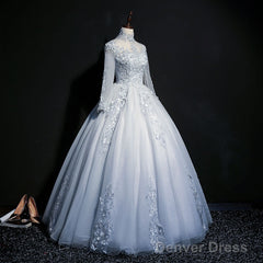 Beautiful Grey A-Line Long Sleeves With Lace Party Gown, Sweet 16 Dress