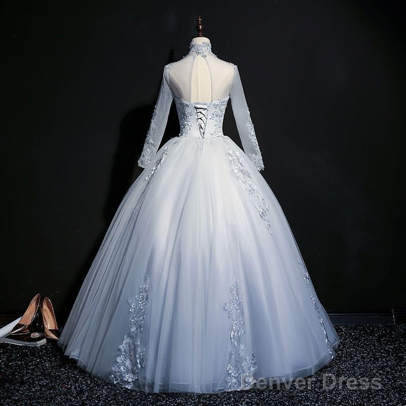 Beautiful Grey A-Line Long Sleeves With Lace Prom Gowns, Sweet 16 Dresses