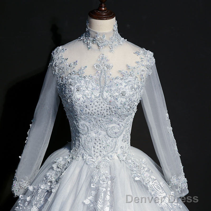 Beautiful Grey A-Line Long Sleeves With Lace Party Gown, Sweet 16 Dress