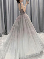Beautiful Grey Gradient Straps Tulle Long Formal Gown, Tulle Prom Dresses
