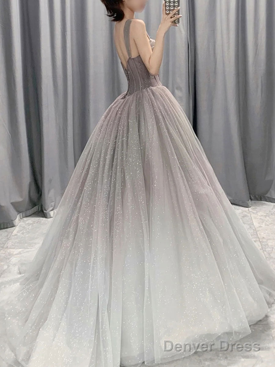 Beautiful Grey Gradient Straps Tulle Long Formal Gown, Tulle Prom Dresses