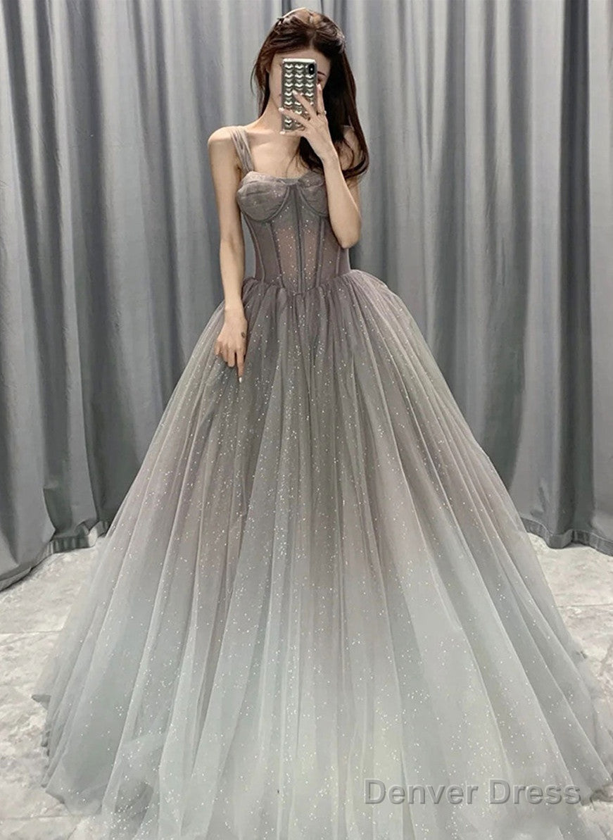 Beautiful Grey Gradient Straps Tulle Long Formal Gown, Tulle Prom Dresses