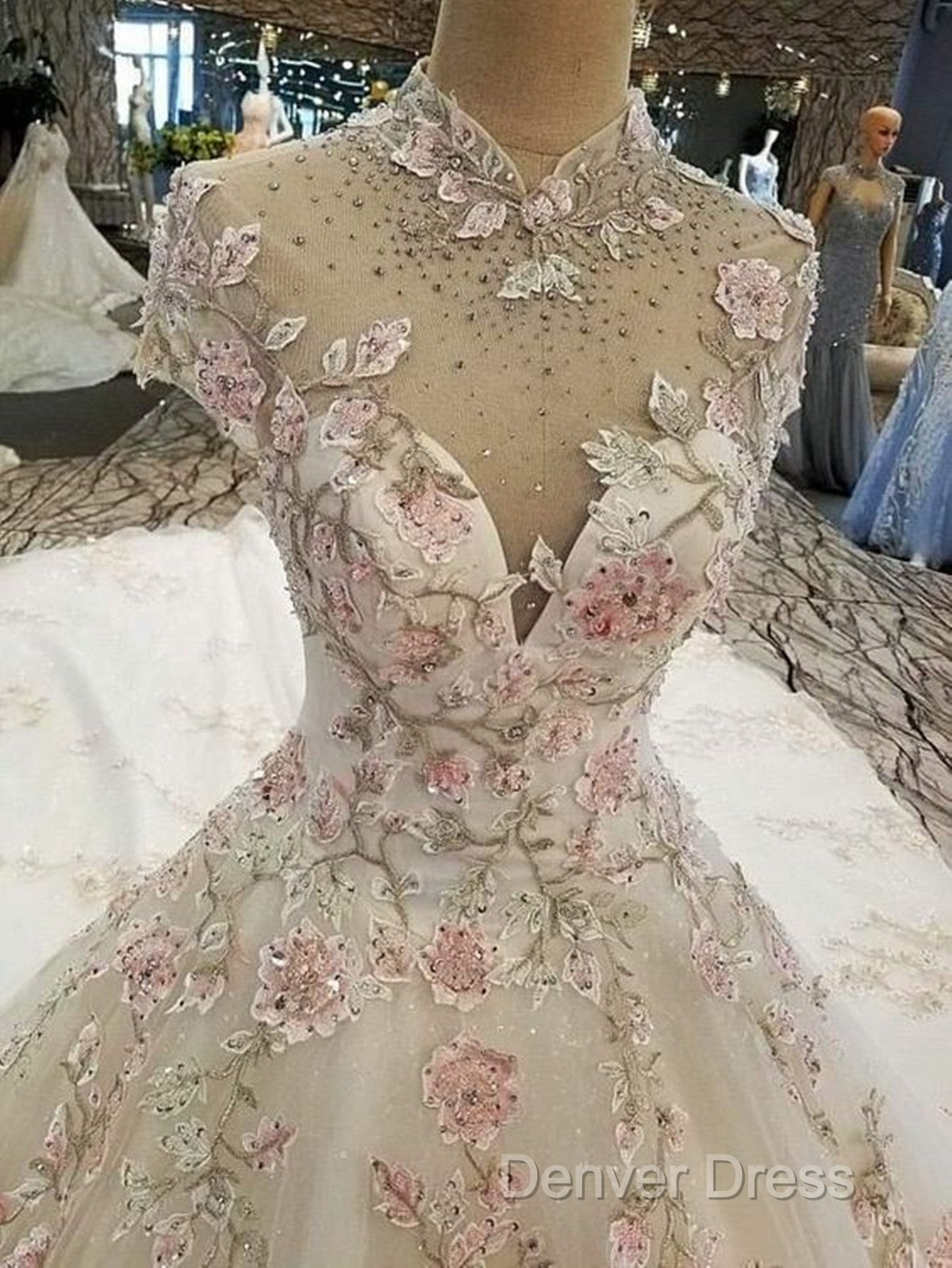 Beautiful Ivory High Neckline Tulle With Flower Lace Party Dresses, Ivory Wedding Dresses Secondary image