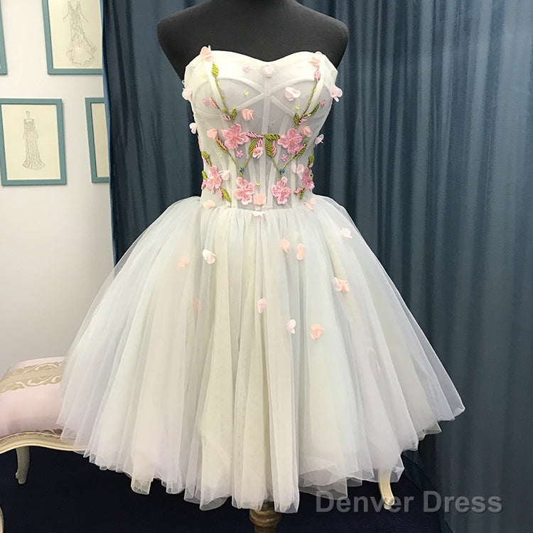 Beautiful Light Blue Short Sweetheart Homecoming Dress, Tulle Flowers Prom Dresses