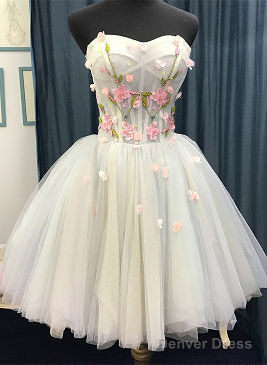 Beautiful Light Blue Short Sweetheart Homecoming Dress, Tulle Flowers Prom Dresses