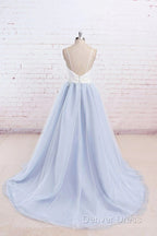 Beautiful Light Blue Tulle And White Top Long Wedding Party Gowns, Straps Junior Prom Dresses