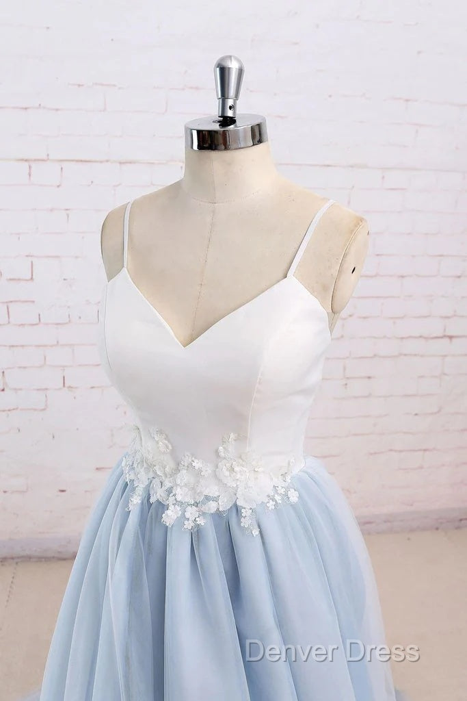 Beautiful Light Blue Tulle And White Top Long Wedding Party Gowns, Straps Junior Prom Dresses