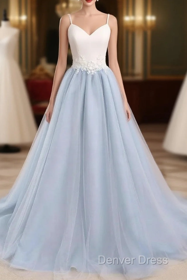 Beautiful Light Blue Tulle And White Top Long Wedding Party Gowns, Straps Junior Prom Dresses Main image