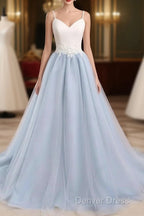 Beautiful Light Blue Tulle And White Top Long Wedding Party Gowns, Straps Junior Prom Dresses