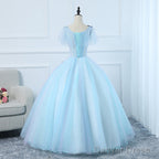 Beautiful Light Blue Tulle Long Prom Dress, Ball Gown Blue Sweet 16 Dresses