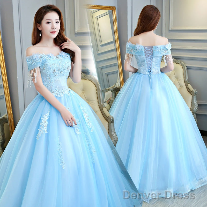 Beautiful Light Blue Tulle Off Shoulder Ball Gowns Sweet 16 Gowns, Blue Prom Gowns Secondary image