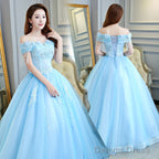 Beautiful Light Blue Tulle Off Shoulder Ball Gowns Sweet 16 Gowns, Blue Prom Gowns