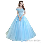 Beautiful Light Blue Tulle Off Shoulder Ball Gown Sweet 16 Gown, Blue Formal Gown