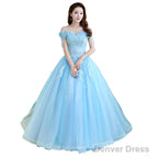 Beautiful Light Blue Tulle Off Shoulder Ball Gowns Sweet 16 Gowns, Blue Prom Gowns
