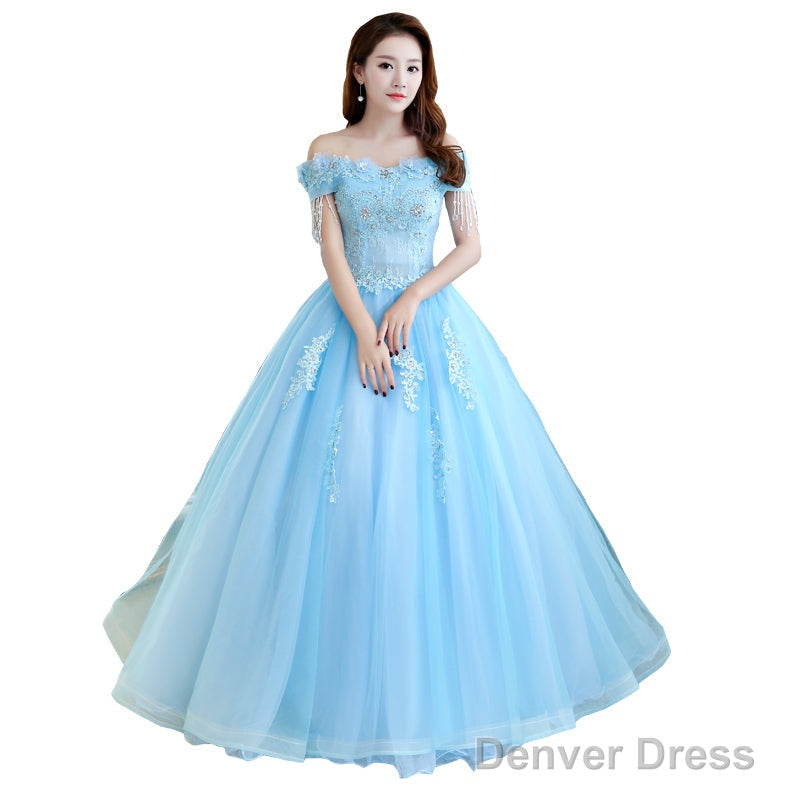 Beautiful Light Blue Tulle Off Shoulder Ball Gowns Sweet 16 Gowns, Blue Prom Gowns