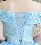 Beautiful Light Blue Tulle Off Shoulder Ball Gown Sweet 16 Gown, Blue Formal Gown