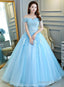 Beautiful Light Blue Tulle Off Shoulder Ball Gown Sweet 16 Gown, Blue Formal Gown