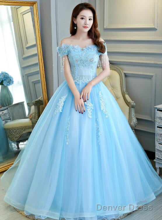 Beautiful Light Blue Tulle Off Shoulder Ball Gowns Sweet 16 Gowns, Blue Prom Gowns Main image