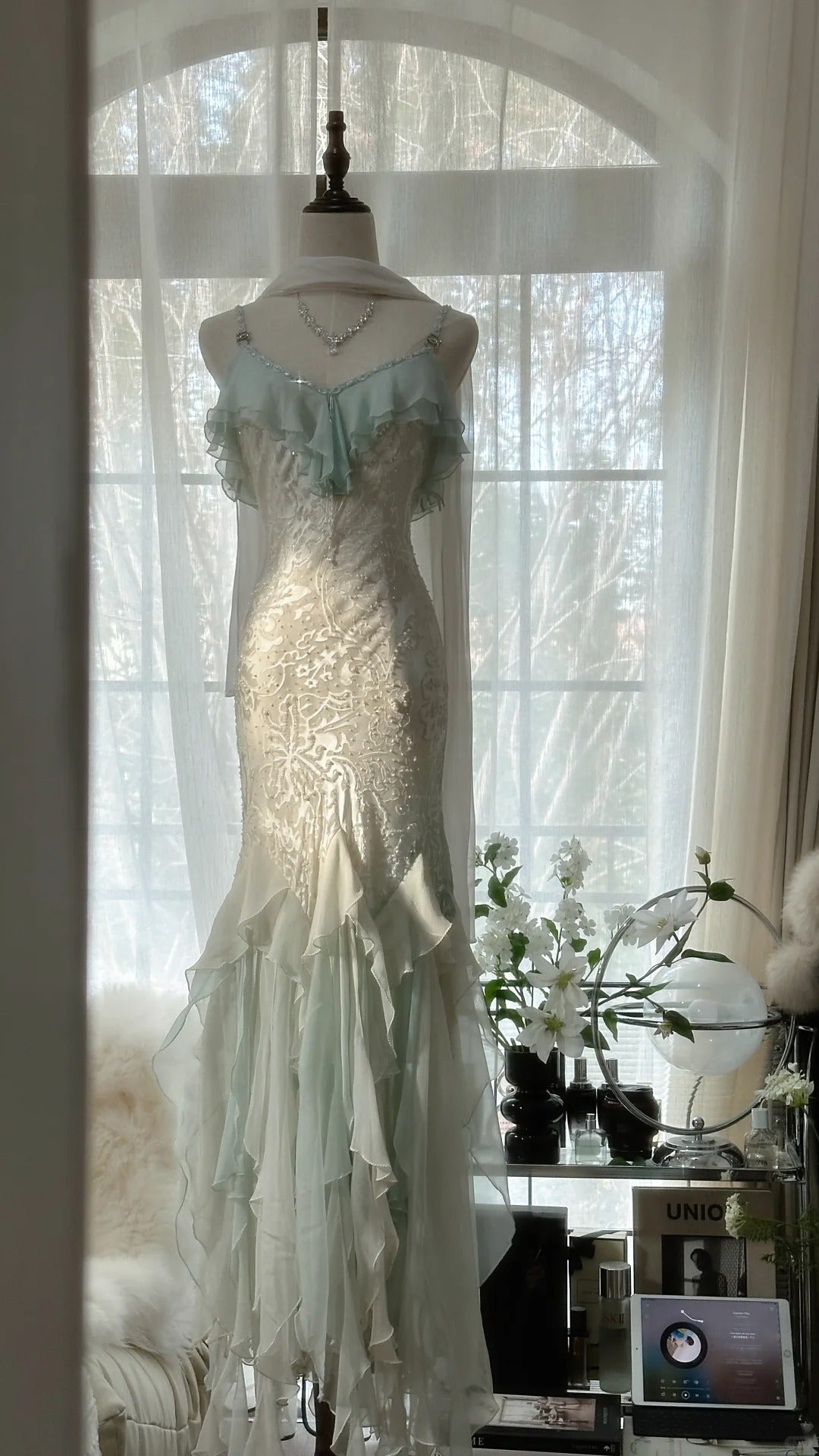 Beautiful Light Blue V-neck Ruffled Beaded Chiffon Mermaid Long Prom Dress