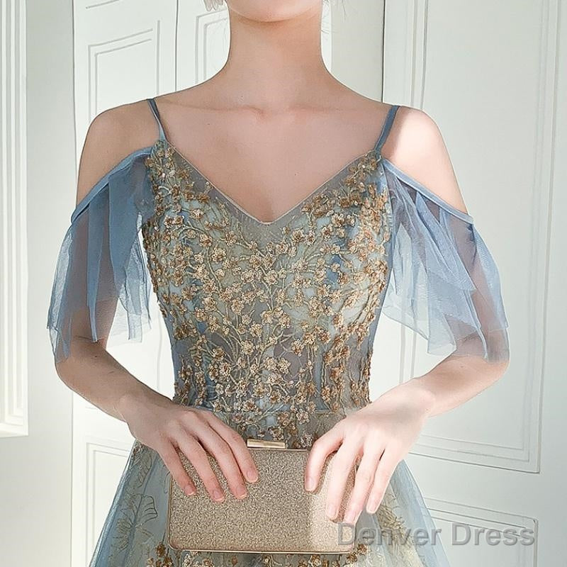 Beautiful Light Blue V-Neckline Long Lace Applique Prom Dresses, Blue Prom Gowns Secondary image