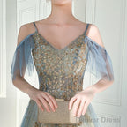 Beautiful Light Blue V-Neckline Long Lace Applique Prom Dresses, Blue Prom Gowns