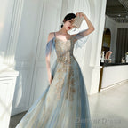 Beautiful Light Blue V-Neckline Long Lace Applique Prom Dresses, Blue Prom Gowns