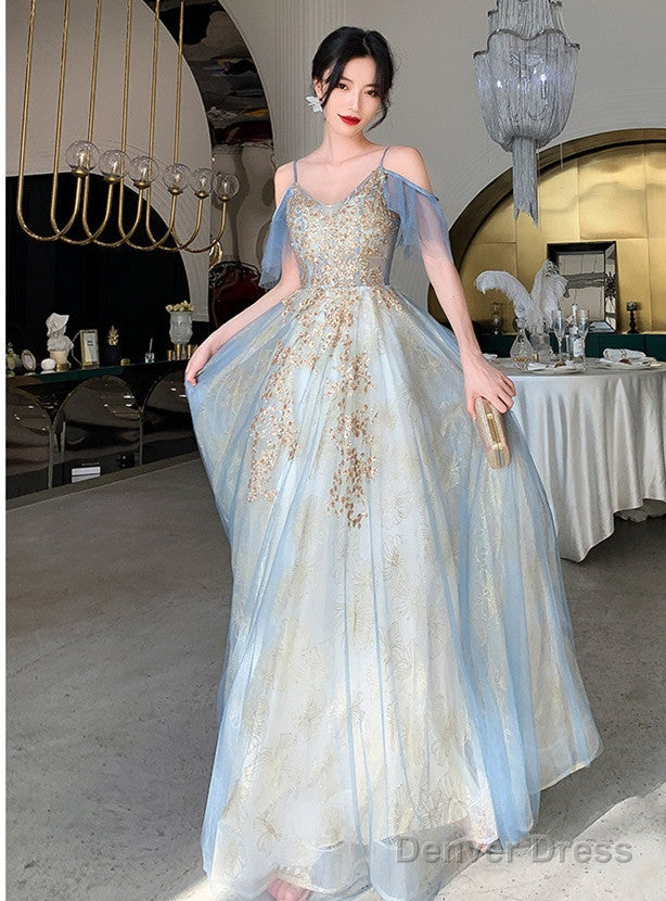 Beautiful Light Blue V-Neckline Long Lace Applique Prom Dresses, Blue Prom Gowns Main image