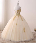 Beautiful Light Champagne Ball Gowns Prom Dress, Sweet 16 Dresses With Gold Applique