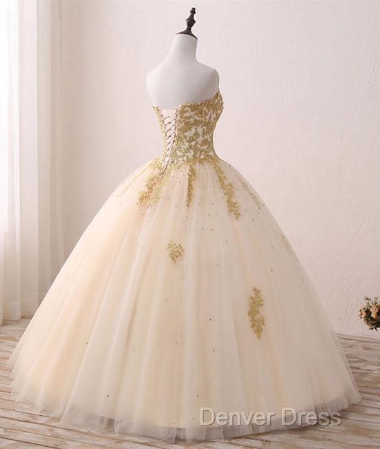 Beautiful Light Champagne Ball Gowns Prom Dress, Sweet 16 Dresses With Gold Applique