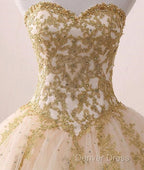 Beautiful Light Champagne Ball Gowns Prom Dress, Sweet 16 Dresses With Gold Applique