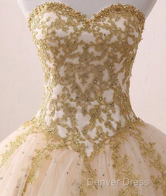 Beautiful Light Champagne Ball Gowns Prom Dress, Sweet 16 Dresses With Gold Applique