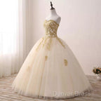 Beautiful Light Champagne Ball Gowns Prom Dress, Sweet 16 Dresses With Gold Applique