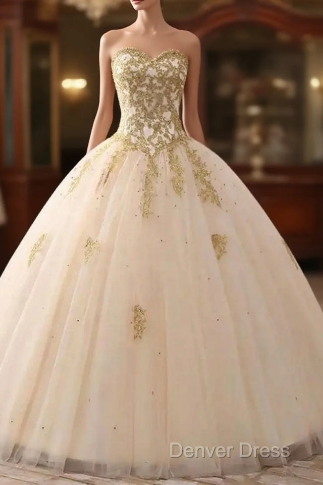 Beautiful Light Champagne Ball Gowns Prom Dress, Sweet 16 Dresses With Gold Applique Main image