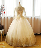 Beautiful Light Champagne Long Sleeves Prom Gowns, Sweet 16 Dresses