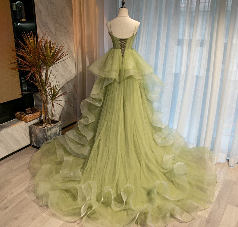 Beautiful Light Green Sweetheart Layers Princess Prom Gowns, Green Tulle Long Prom Dresses Secondary image